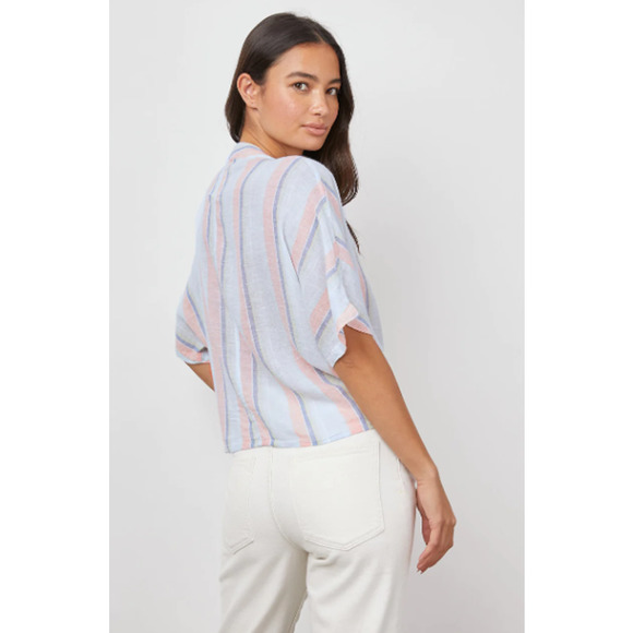 Rails Thea Top Women's Sze XS Biarritz Multi Stripe Tie Front V-Neck Linen Blend - Picture 2 of 12